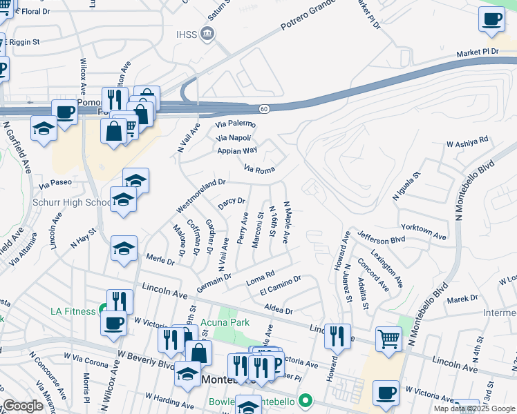map of restaurants, bars, coffee shops, grocery stores, and more near 861 Marconi Street in Montebello