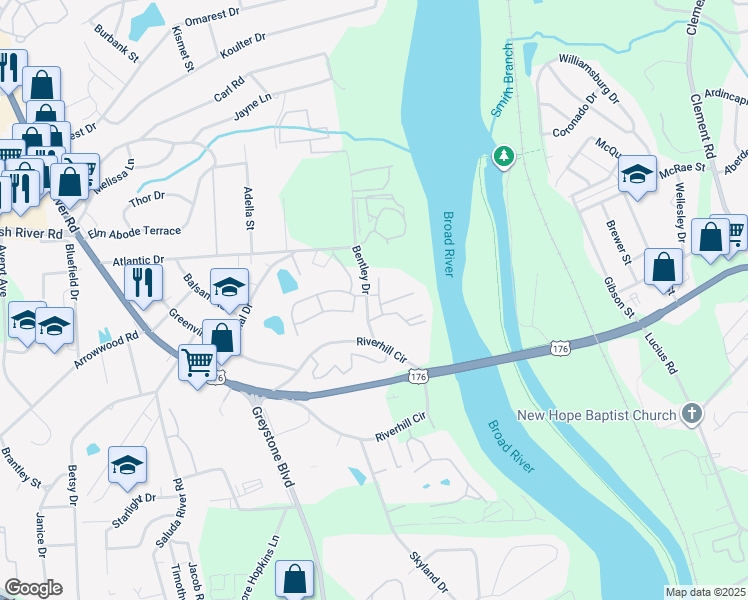 map of restaurants, bars, coffee shops, grocery stores, and more near 3900 Bentley Drive in Columbia
