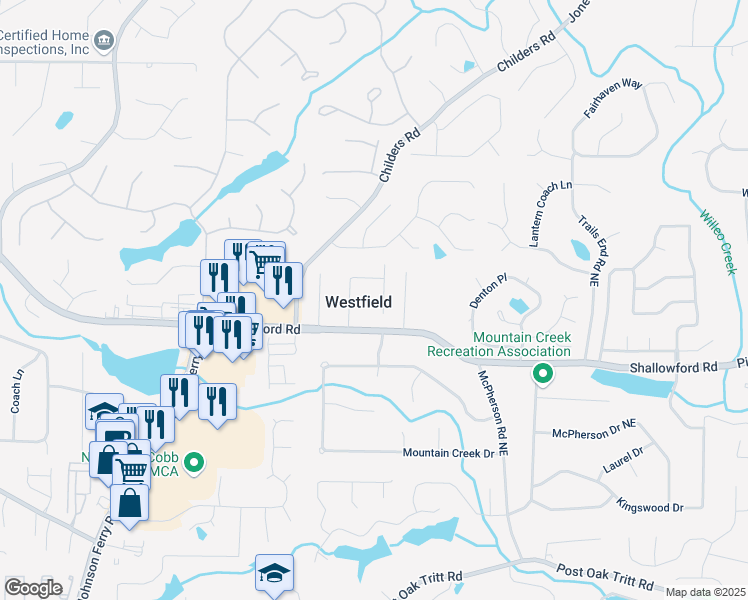 map of restaurants, bars, coffee shops, grocery stores, and more near 3170 Westfield Walk Northeast in Roswell
