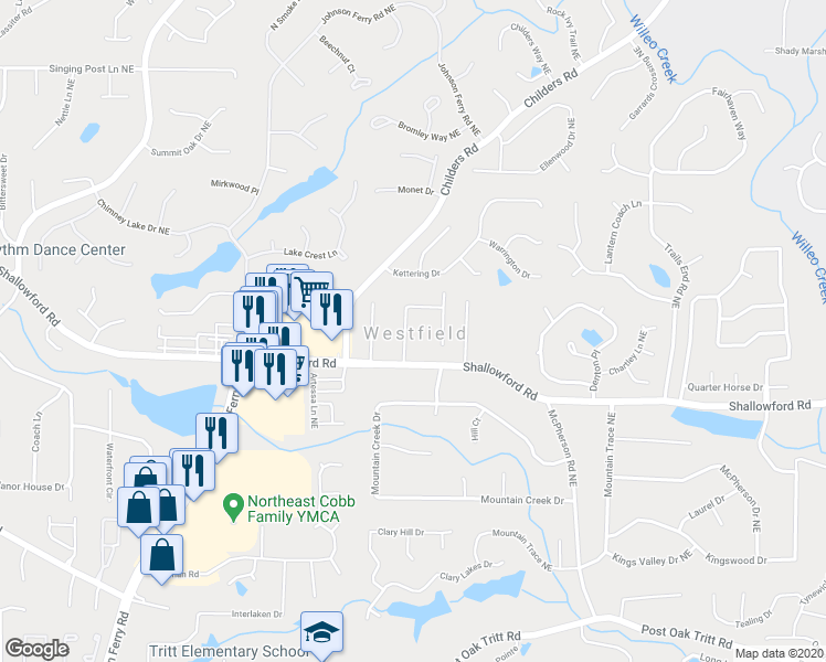 map of restaurants, bars, coffee shops, grocery stores, and more near 3180 Westfield Walk Northeast in Roswell