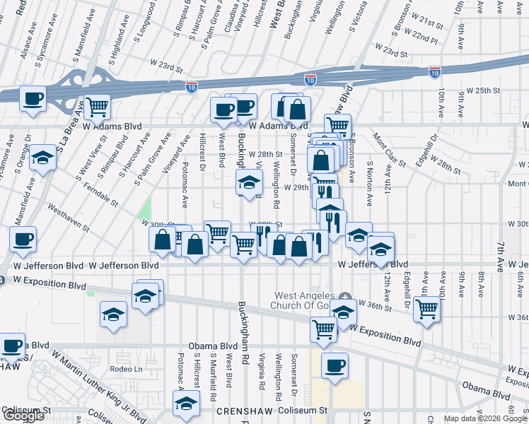 map of restaurants, bars, coffee shops, grocery stores, and more near 2938 Virginia Road in Los Angeles