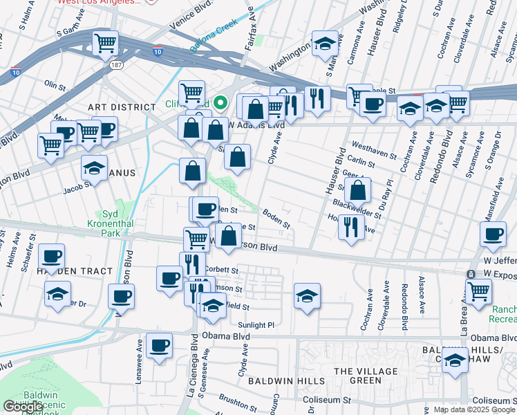 map of restaurants, bars, coffee shops, grocery stores, and more near 3000 Clyde Avenue in Los Angeles