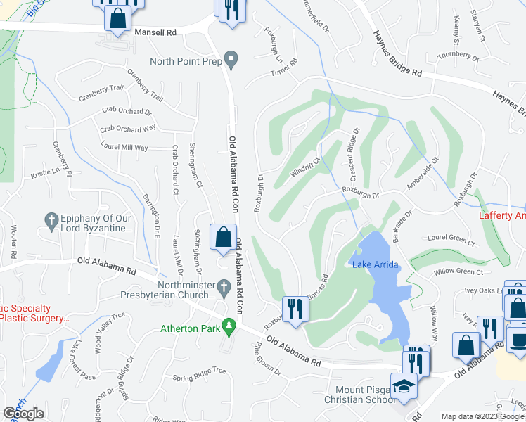map of restaurants, bars, coffee shops, grocery stores, and more near 2390 Roxburgh Drive in Roswell