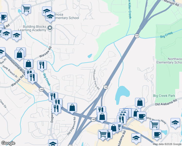 map of restaurants, bars, coffee shops, grocery stores, and more near 205 High Creek Drive in Roswell