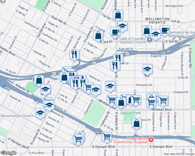 map of restaurants, bars, coffee shops, grocery stores, and more near 3553 Sabina Street in Los Angeles