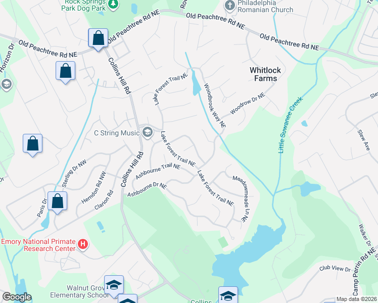 map of restaurants, bars, coffee shops, grocery stores, and more near 2652 Forest Meadow Lane in Lawrenceville