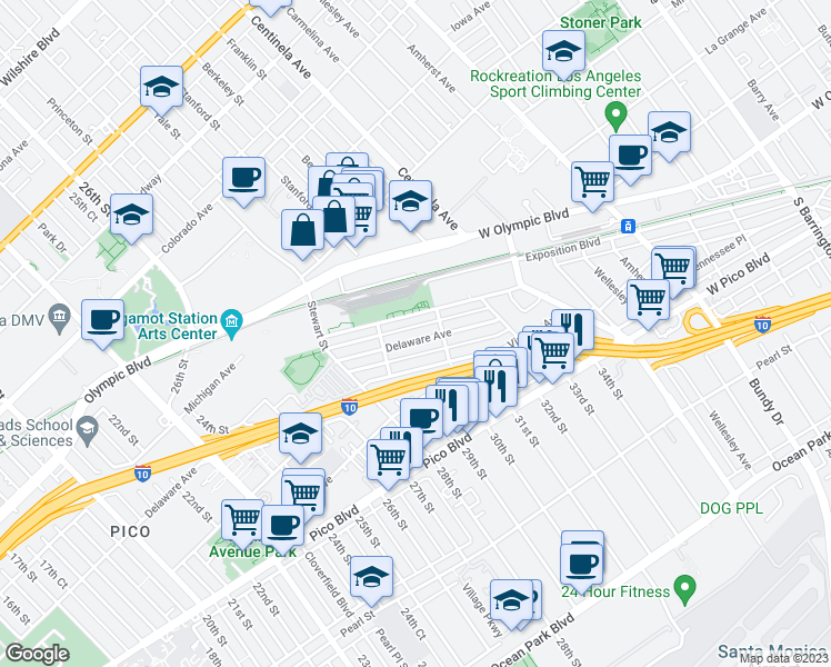 map of restaurants, bars, coffee shops, grocery stores, and more near 2937 Delaware Avenue in Santa Monica
