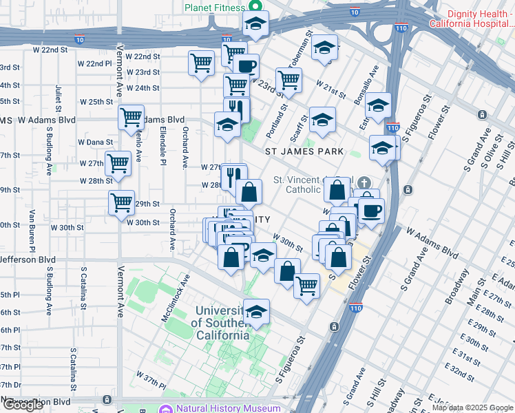 map of restaurants, bars, coffee shops, grocery stores, and more near West 28th Street in Los Angeles