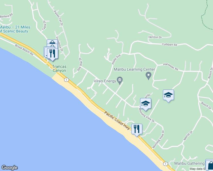 map of restaurants, bars, coffee shops, grocery stores, and more near 30479 Morning View Drive in Malibu