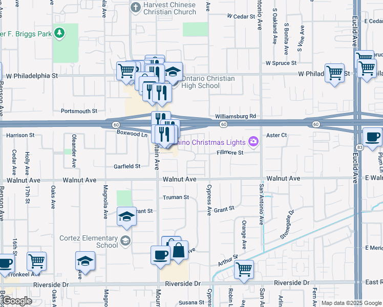 map of restaurants, bars, coffee shops, grocery stores, and more near 12400 Cypress Avenue in Chino