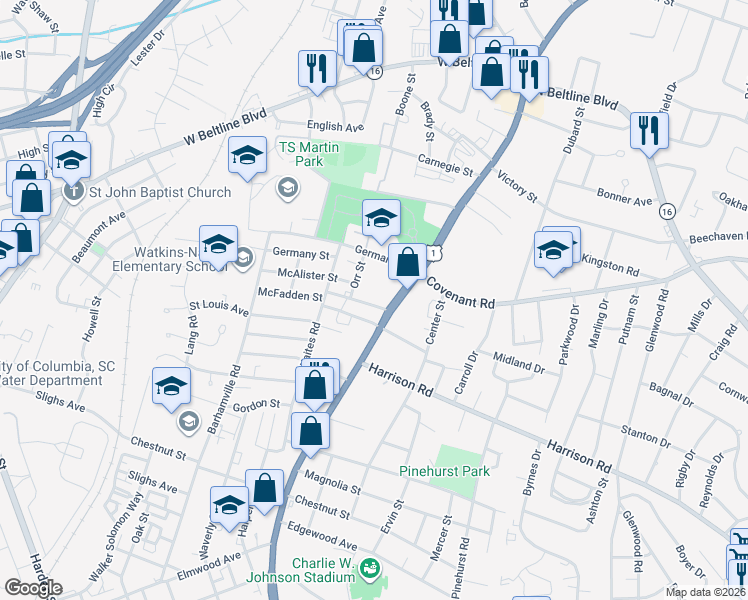 map of restaurants, bars, coffee shops, grocery stores, and more near 2524 Maybelle Court in Columbia