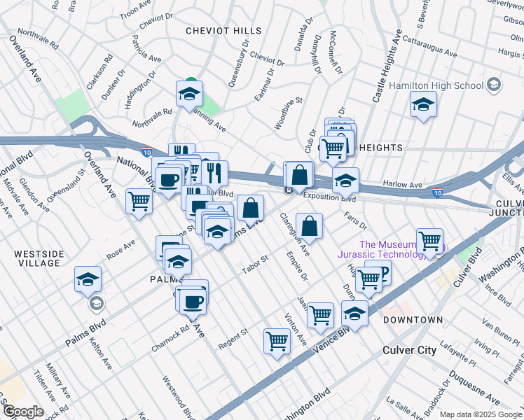 map of restaurants, bars, coffee shops, grocery stores, and more near 10100 National Boulevard in Los Angeles
