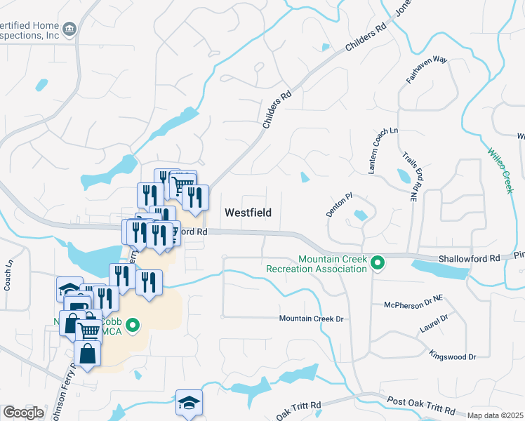 map of restaurants, bars, coffee shops, grocery stores, and more near 3177 Westfield Way in Roswell