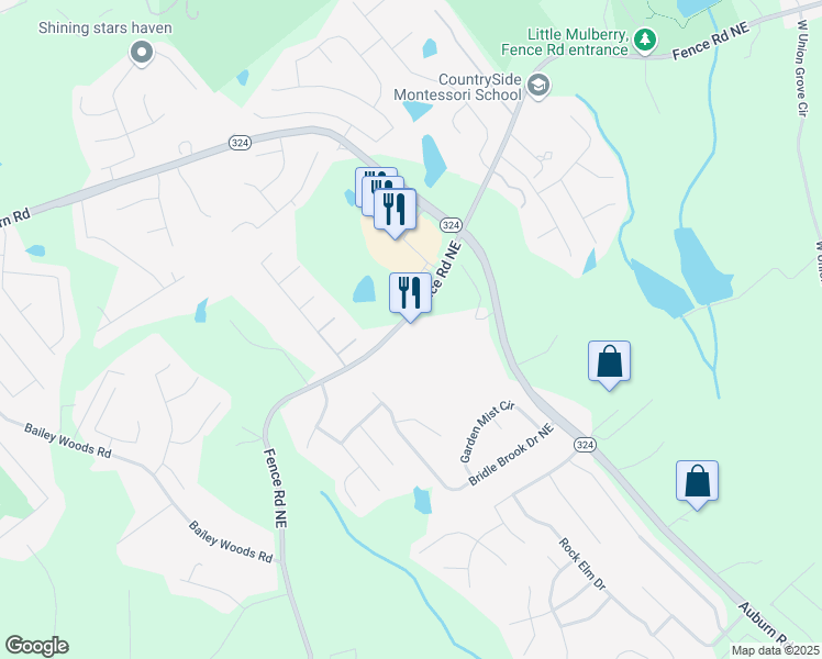 map of restaurants, bars, coffee shops, grocery stores, and more near 3380 Fence Road Northeast in Dacula
