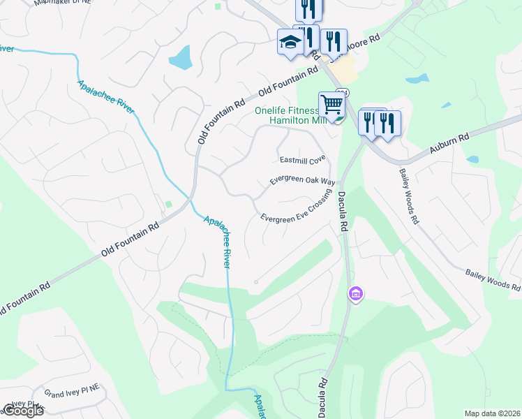 map of restaurants, bars, coffee shops, grocery stores, and more near 2710 Evergreen Eve Crossing in Dacula