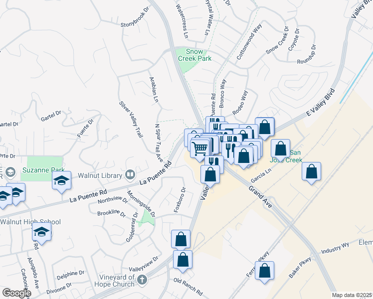 map of restaurants, bars, coffee shops, grocery stores, and more near 21552 Magnolia Street East in Walnut
