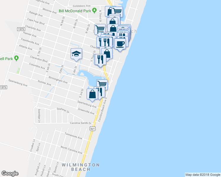 map of restaurants, bars, coffee shops, grocery stores, and more near 601 Carolina Beach Avenue South in Carolina Beach