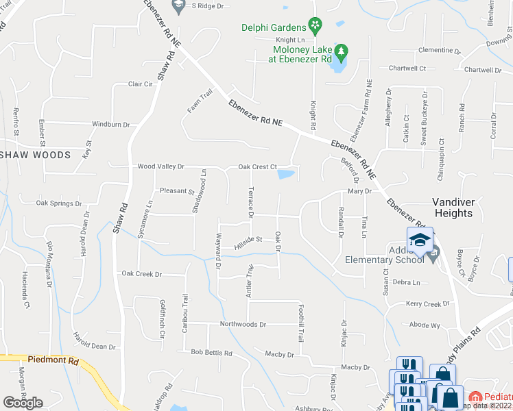 map of restaurants, bars, coffee shops, grocery stores, and more near 3180 Terrace Drive in Marietta