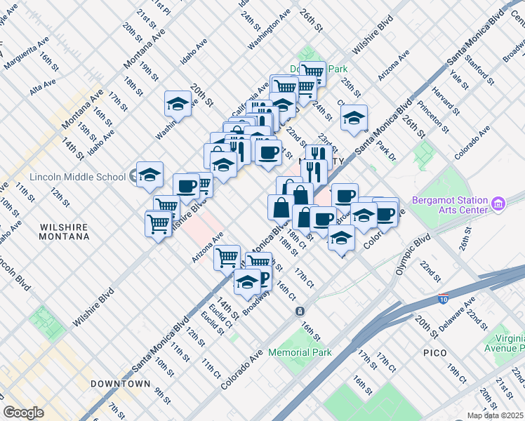 map of restaurants, bars, coffee shops, grocery stores, and more near 1311 19th Street in Santa Monica