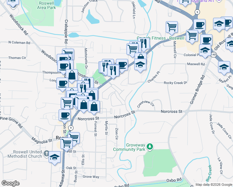 map of restaurants, bars, coffee shops, grocery stores, and more near 1310 Freedom Lane in Roswell