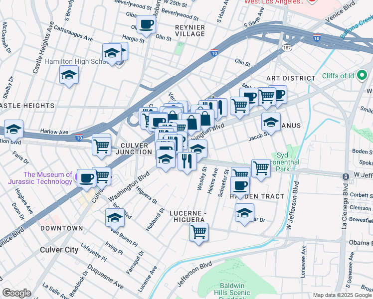 map of restaurants, bars, coffee shops, grocery stores, and more near 8770 Washington Boulevard in Culver City
