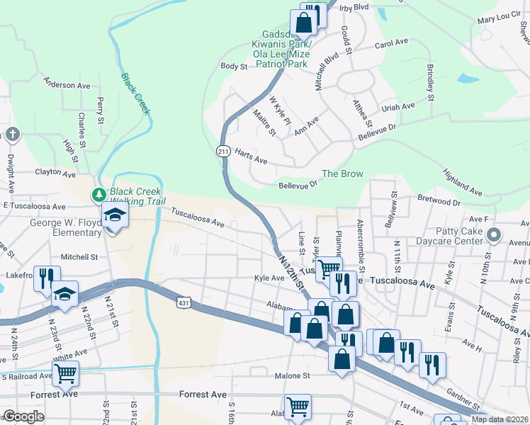 map of restaurants, bars, coffee shops, grocery stores, and more near 617 Noccalula Road in Gadsden