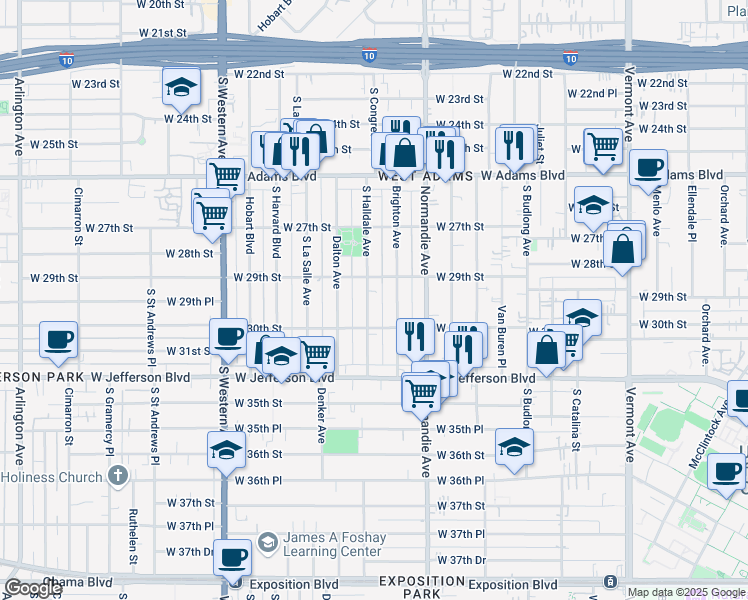 map of restaurants, bars, coffee shops, grocery stores, and more near 2928 South Halldale Avenue in Los Angeles