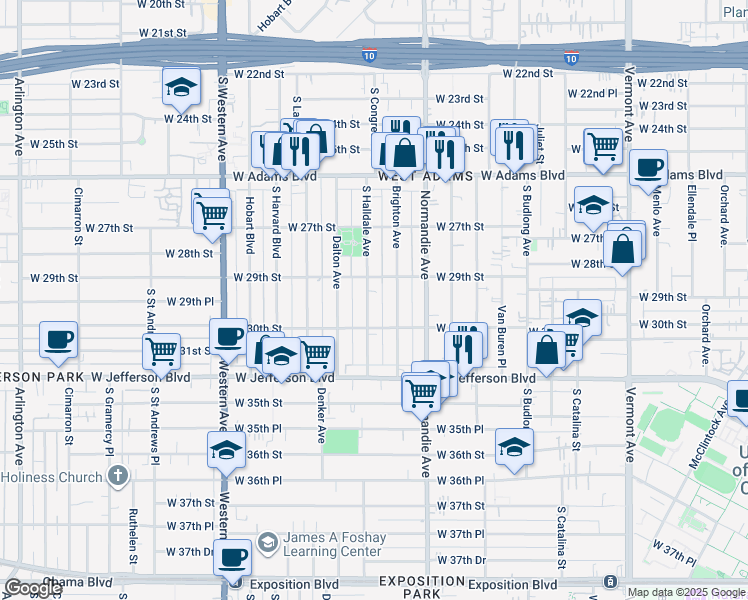 map of restaurants, bars, coffee shops, grocery stores, and more near 2928 South Halldale Avenue in Los Angeles