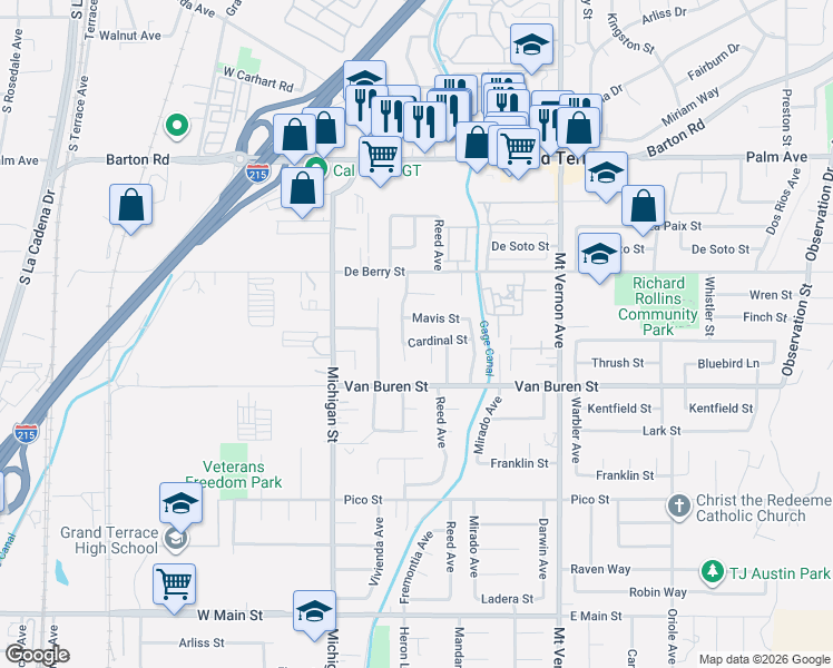 map of restaurants, bars, coffee shops, grocery stores, and more near 22246 Cardinal Street in Grand Terrace