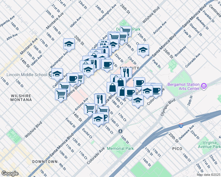 map of restaurants, bars, coffee shops, grocery stores, and more near 1338 19th Street in Santa Monica