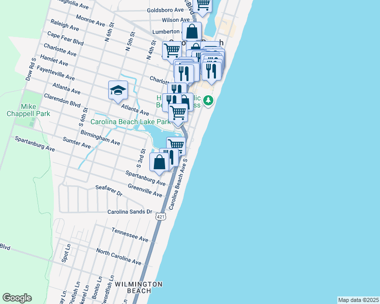 map of restaurants, bars, coffee shops, grocery stores, and more near 603 Carolina Beach Avenue South in Carolina Beach