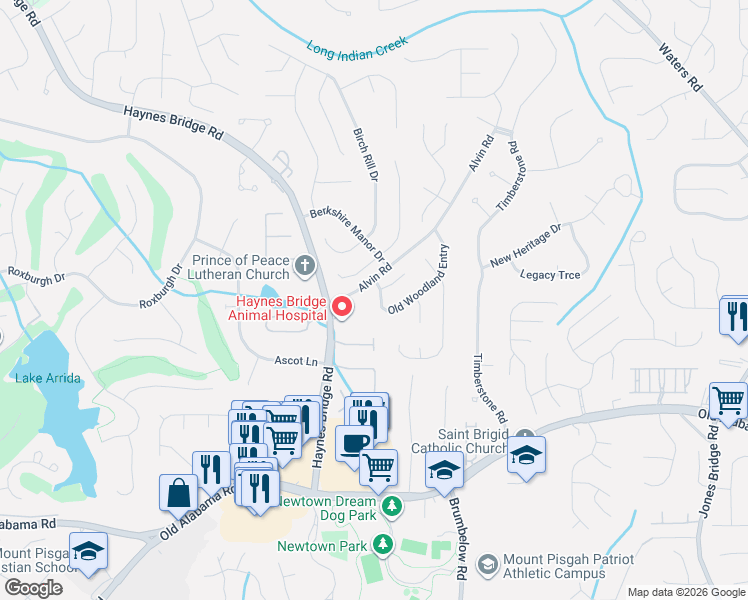 map of restaurants, bars, coffee shops, grocery stores, and more near 100 Forrest View Terrace in Alpharetta