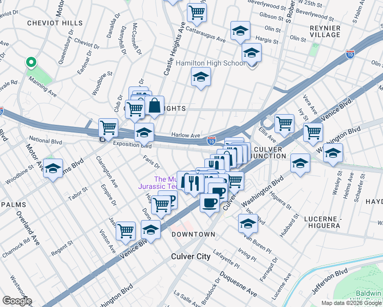 map of restaurants, bars, coffee shops, grocery stores, and more near 3600 Bagley Avenue in Los Angeles