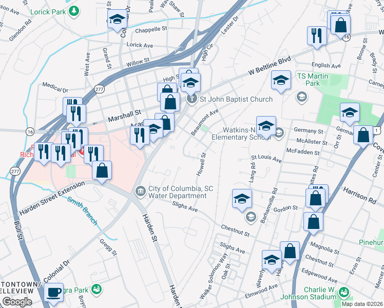 map of restaurants, bars, coffee shops, grocery stores, and more near N3101 Beaumont Avenue in Columbia
