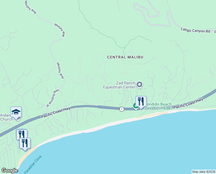 map of restaurants, bars, coffee shops, grocery stores, and more near 27555 Pacific Coast Highway in Malibu