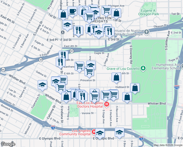 map of restaurants, bars, coffee shops, grocery stores, and more near 600 South Rowan Avenue in Los Angeles