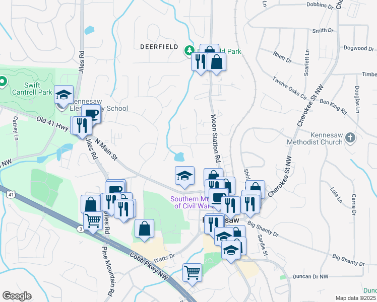 map of restaurants, bars, coffee shops, grocery stores, and more near 2359 Whispering Drive Northwest in Kennesaw