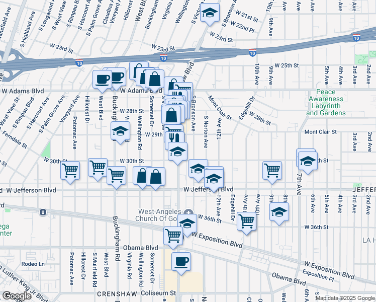 map of restaurants, bars, coffee shops, grocery stores, and more near 2939 South Bronson Avenue in Los Angeles