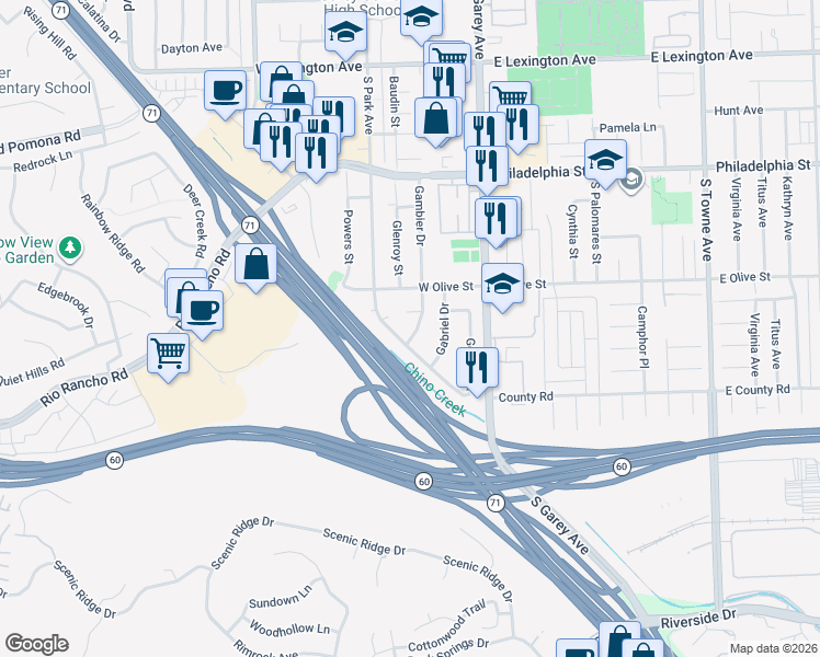 map of restaurants, bars, coffee shops, grocery stores, and more near 2322 Gambier Drive in Pomona