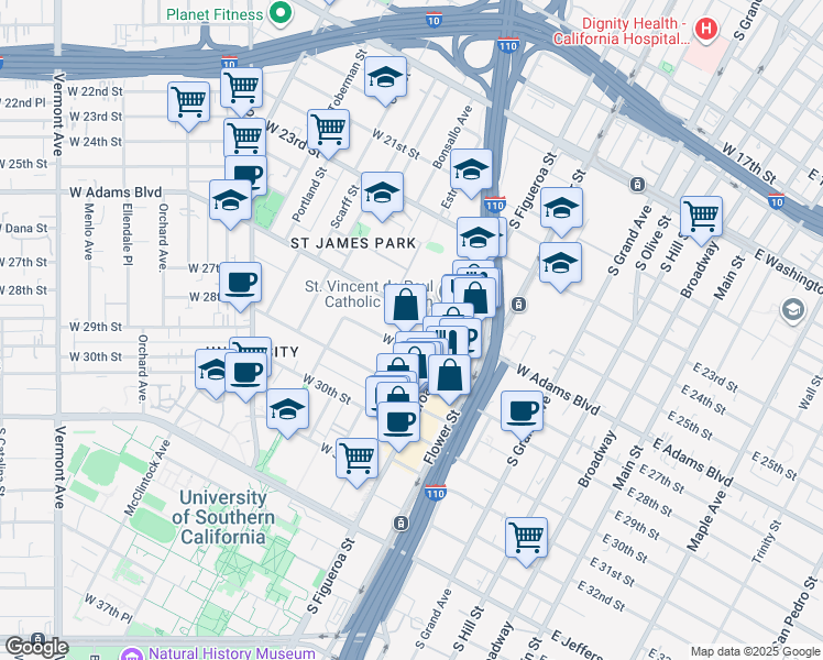 map of restaurants, bars, coffee shops, grocery stores, and more near 650 West Adams Boulevard in Los Angeles