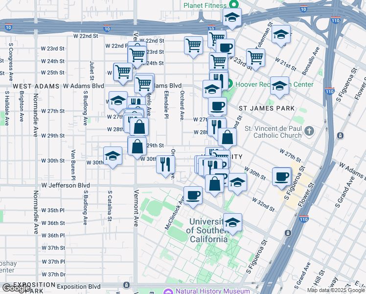 map of restaurants, bars, coffee shops, grocery stores, and more near 1210 West 28th Street in Los Angeles