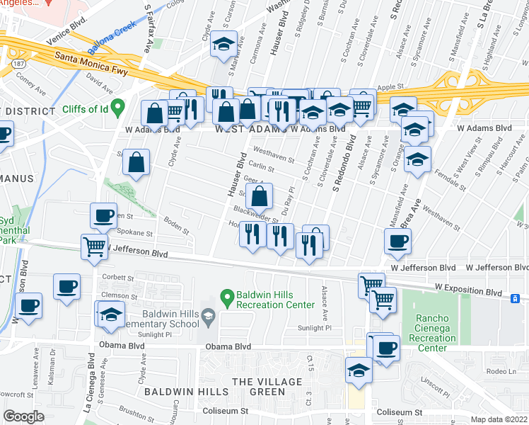 map of restaurants, bars, coffee shops, grocery stores, and more near 5415 Smiley Drive in Los Angeles