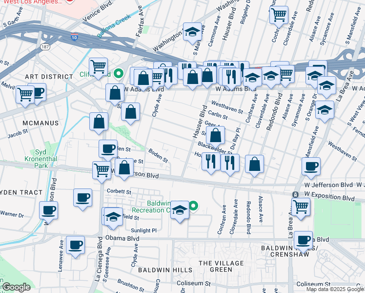 map of restaurants, bars, coffee shops, grocery stores, and more near 5527 Blackwelder Street in Los Angeles
