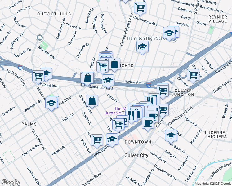 map of restaurants, bars, coffee shops, grocery stores, and more near 3605 Watseka Avenue in Los Angeles