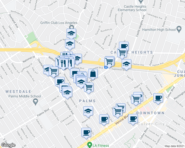 map of restaurants, bars, coffee shops, grocery stores, and more near 10150 National Boulevard in Los Angeles