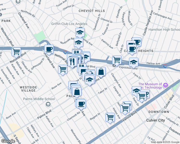 map of restaurants, bars, coffee shops, grocery stores, and more near 10234 National Boulevard in Los Angeles