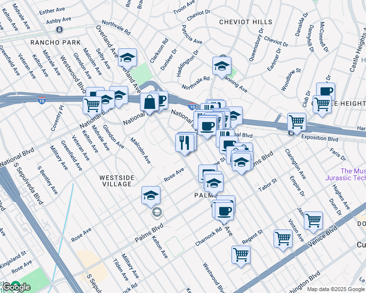 map of restaurants, bars, coffee shops, grocery stores, and more near 10480 National Boulevard in Los Angeles
