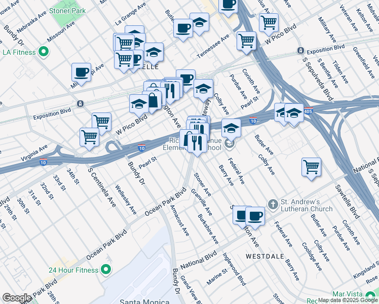 map of restaurants, bars, coffee shops, grocery stores, and more near 11674 Gateway Boulevard in Los Angeles