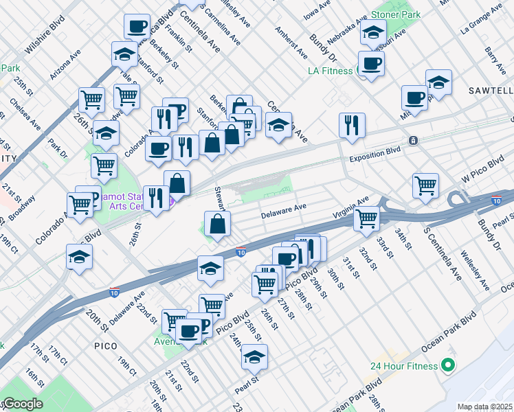 map of restaurants, bars, coffee shops, grocery stores, and more near 2908 Exposition Boulevard in Santa Monica