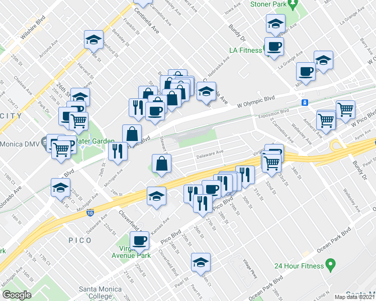 map of restaurants, bars, coffee shops, grocery stores, and more near 2908 Exposition Boulevard in Santa Monica